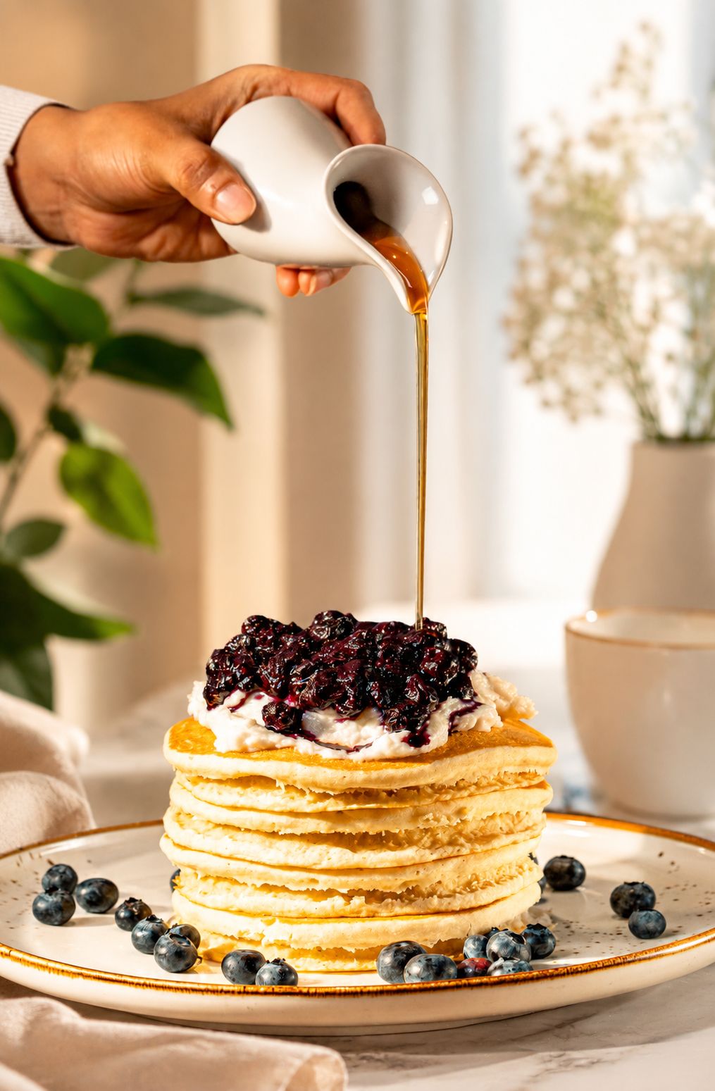 Maple syrup poured over a blueberry-compote pancake stack with whipped ricotta at SOLENA