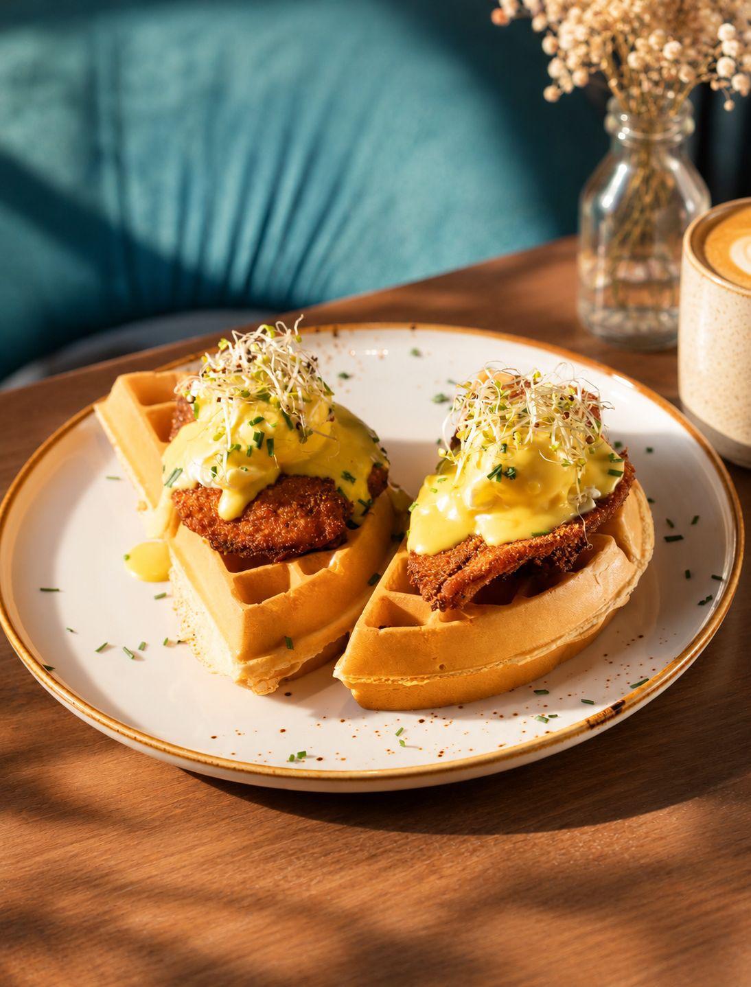 Chicken and waffle benedict with hollandaise, sprouts and chives beside a latte at SOLENA