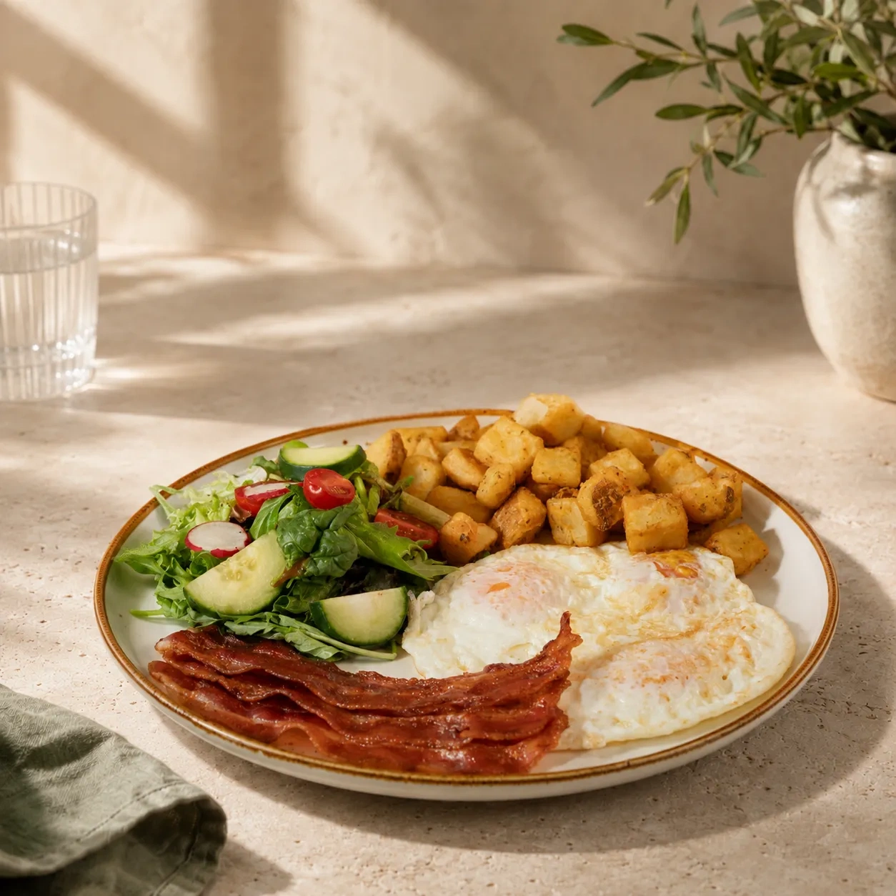 The Solena Sunrise Breakfast plate with eggs, home fries and toast